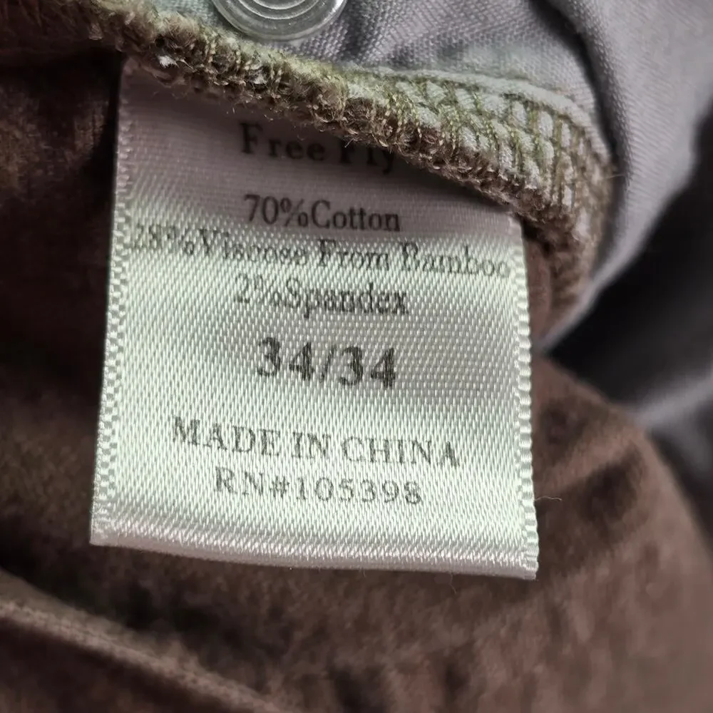 Free Fly Pants Mens 34x34 (34x32) Brown Cotton Bamboo Viscose Stretch 5 Pocket